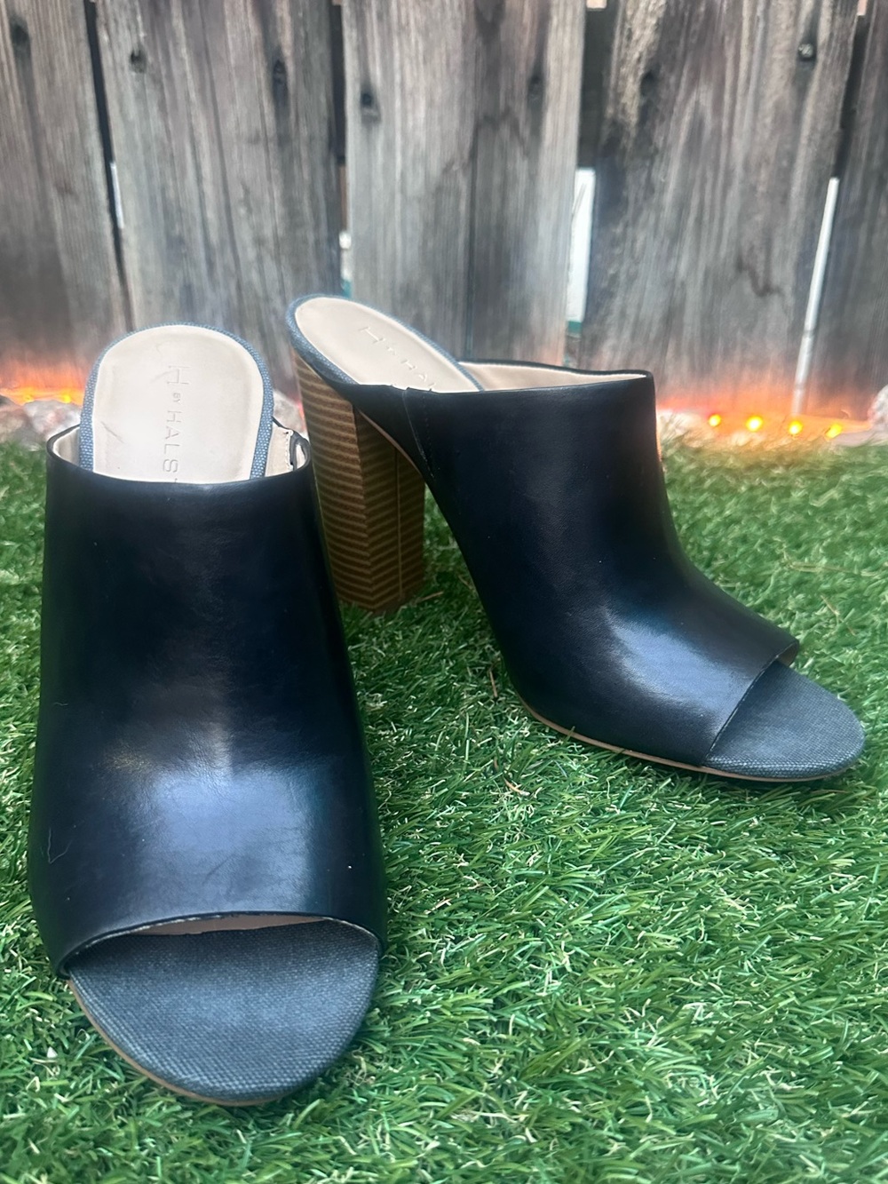H by Halston Black Leather Open-Toe Block-Heel Mules